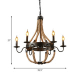 Industrial Candelabra Pendant Chandelier 6 Lights Rope Hanging Ceiling Light in Black with Metal Circle Design Clearhalo 'Ceiling Lights' 'Chandeliers' 'Industrial Chandeliers' 'Industrial' 'Middle Century Chandeliers' 'Tiffany' Lighting' 1950578