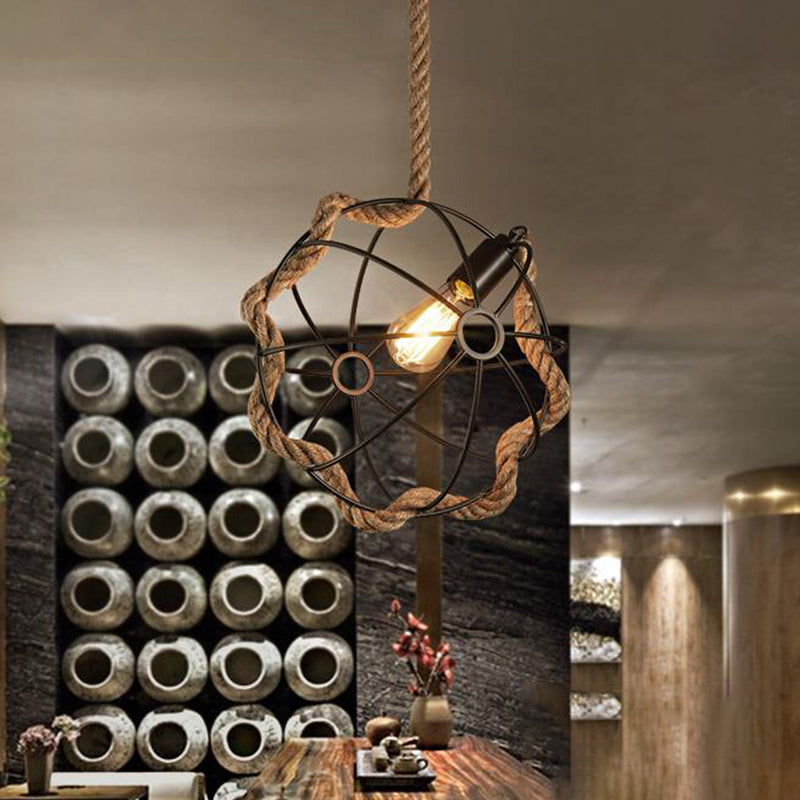 1-Light Metal Pendant Lamp Industrial Black/Pink/Green Globe Cage Restaurant Down Lighting with Rope Cord Clearhalo 'Ceiling Lights' 'Industrial Pendants' 'Industrial' 'Middle Century Pendants' 'Pendant Lights' 'Pendants' 'Tiffany' Lighting' 1950682
