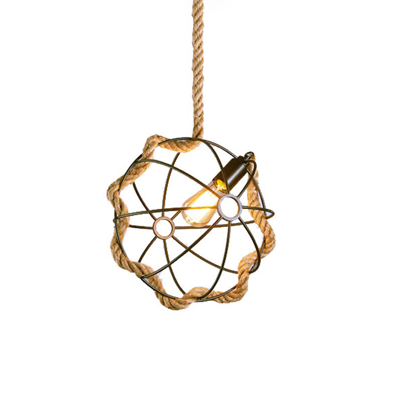 1-Light Metal Pendant Lamp Industrial Black/Pink/Green Globe Cage Restaurant Down Lighting with Rope Cord Clearhalo 'Ceiling Lights' 'Industrial Pendants' 'Industrial' 'Middle Century Pendants' 'Pendant Lights' 'Pendants' 'Tiffany' Lighting' 1950683