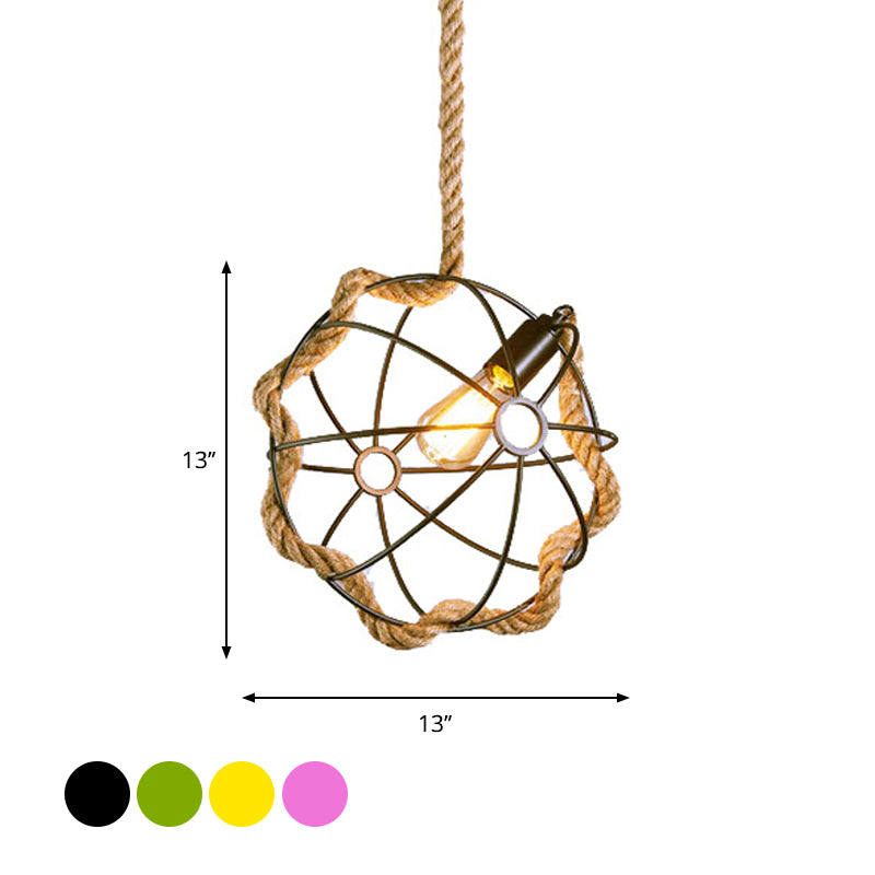 1-Light Metal Pendant Lamp Industrial Black/Pink/Green Globe Cage Restaurant Down Lighting with Rope Cord Clearhalo 'Ceiling Lights' 'Industrial Pendants' 'Industrial' 'Middle Century Pendants' 'Pendant Lights' 'Pendants' 'Tiffany' Lighting' 1950684
