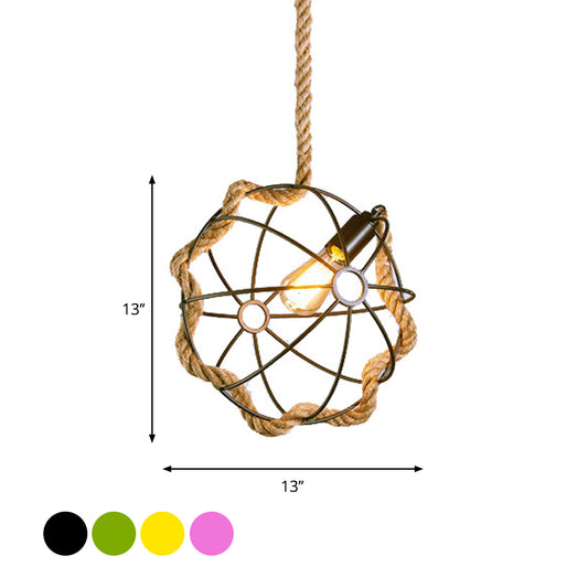 1-Light Metal Pendant Lamp Industrial Black/Pink/Green Globe Cage Restaurant Down Lighting with Rope Cord Clearhalo 'Ceiling Lights' 'Industrial Pendants' 'Industrial' 'Middle Century Pendants' 'Pendant Lights' 'Pendants' 'Tiffany' Lighting' 1950684