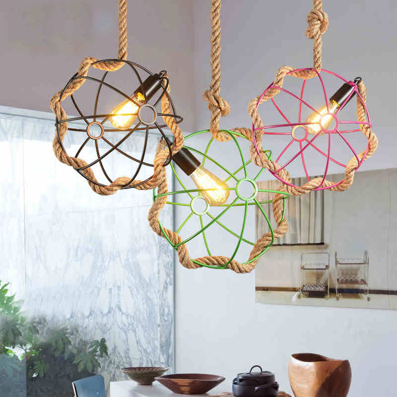 1-Light Metal Pendant Lamp Industrial Black/Pink/Green Globe Cage Restaurant Down Lighting with Rope Cord Green Clearhalo 'Ceiling Lights' 'Industrial Pendants' 'Industrial' 'Middle Century Pendants' 'Pendant Lights' 'Pendants' 'Tiffany' Lighting' 1950685