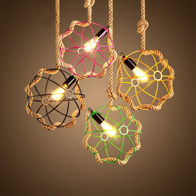 1-Light Metal Pendant Lamp Industrial Black/Pink/Green Globe Cage Restaurant Down Lighting with Rope Cord Clearhalo 'Ceiling Lights' 'Industrial Pendants' 'Industrial' 'Middle Century Pendants' 'Pendant Lights' 'Pendants' 'Tiffany' Lighting' 1950687