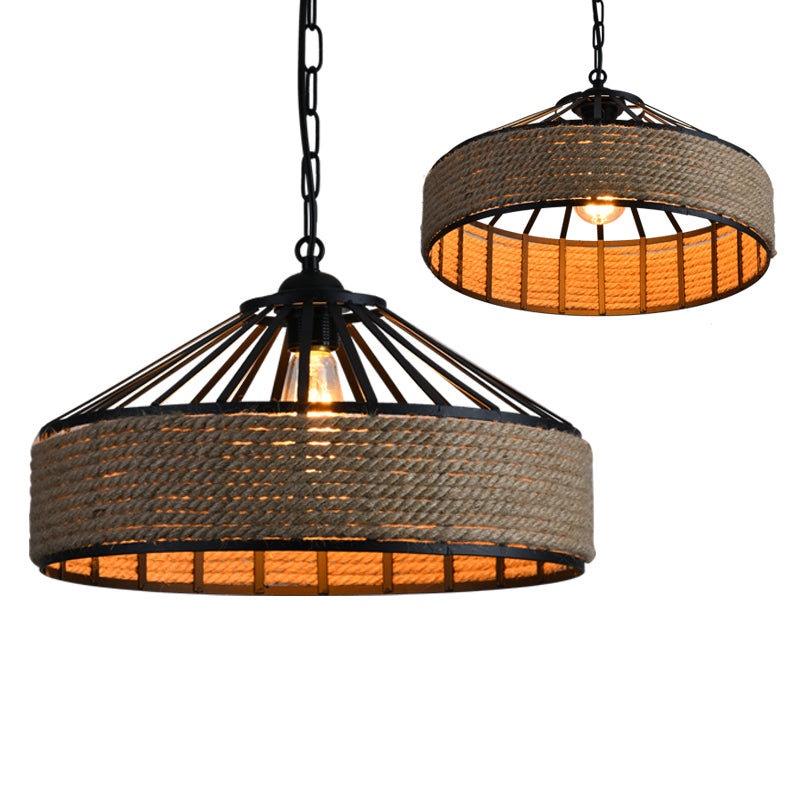 Black 1 Light Pendant Lighting Farmhouse Rope Cone Cage Iron Hanging Lamp Kit for Dining Room, 12"/16"/19.5" W Black Clearhalo 'Ceiling Lights' 'Industrial Pendants' 'Industrial' 'Middle Century Pendants' 'Pendant Lights' 'Pendants' 'Tiffany' Lighting' 1950700