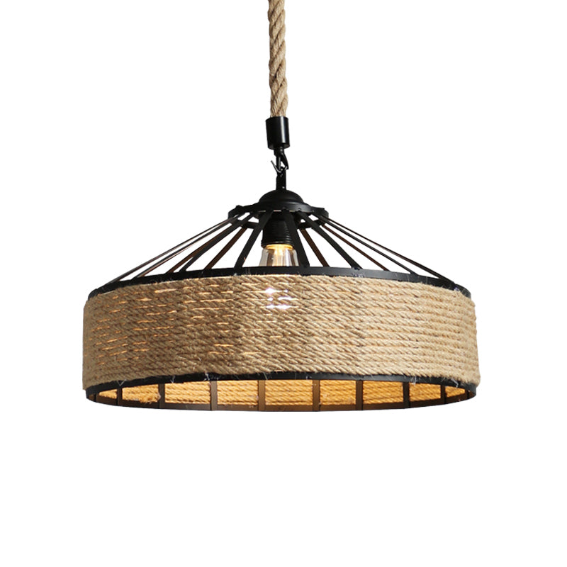Black 1 Light Pendant Lighting Farmhouse Rope Cone Cage Iron Hanging Lamp Kit for Dining Room, 12"/16"/19.5" W Clearhalo 'Ceiling Lights' 'Industrial Pendants' 'Industrial' 'Middle Century Pendants' 'Pendant Lights' 'Pendants' 'Tiffany' Lighting' 1950703