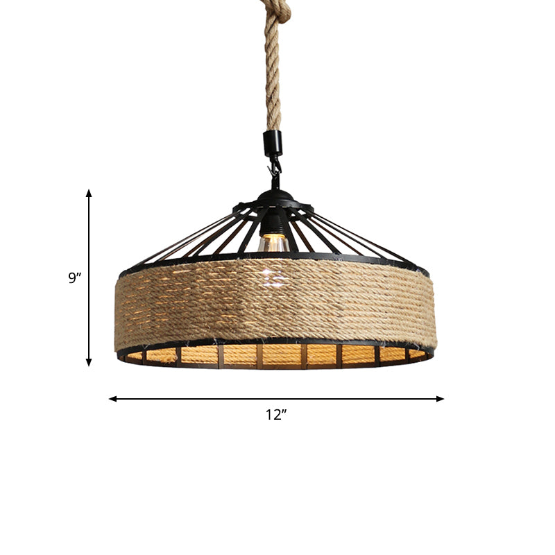 Black 1 Light Pendant Lighting Farmhouse Rope Cone Cage Iron Hanging Lamp Kit for Dining Room, 12"/16"/19.5" W Clearhalo 'Ceiling Lights' 'Industrial Pendants' 'Industrial' 'Middle Century Pendants' 'Pendant Lights' 'Pendants' 'Tiffany' Lighting' 1950704