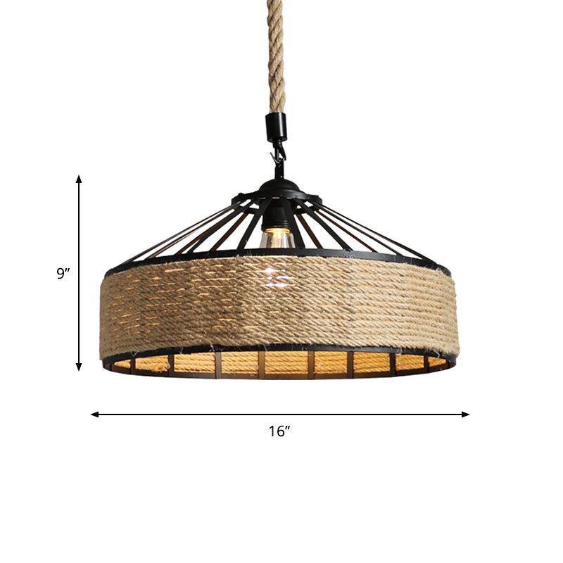 Black 1 Light Pendant Lighting Farmhouse Rope Cone Cage Iron Hanging Lamp Kit for Dining Room, 12"/16"/19.5" W Clearhalo 'Ceiling Lights' 'Industrial Pendants' 'Industrial' 'Middle Century Pendants' 'Pendant Lights' 'Pendants' 'Tiffany' Lighting' 1950705