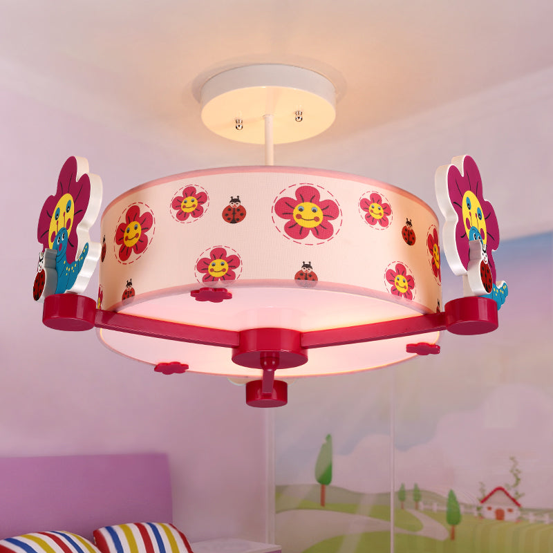 Girls Bedroom Round Flush Ceiling Light Fabric Three Lights Lovely Pink Ceiling Light Clearhalo 'Ceiling Lights' 'Close To Ceiling Lights' 'Close to ceiling' 'Semi-flushmount' Lighting' 195179