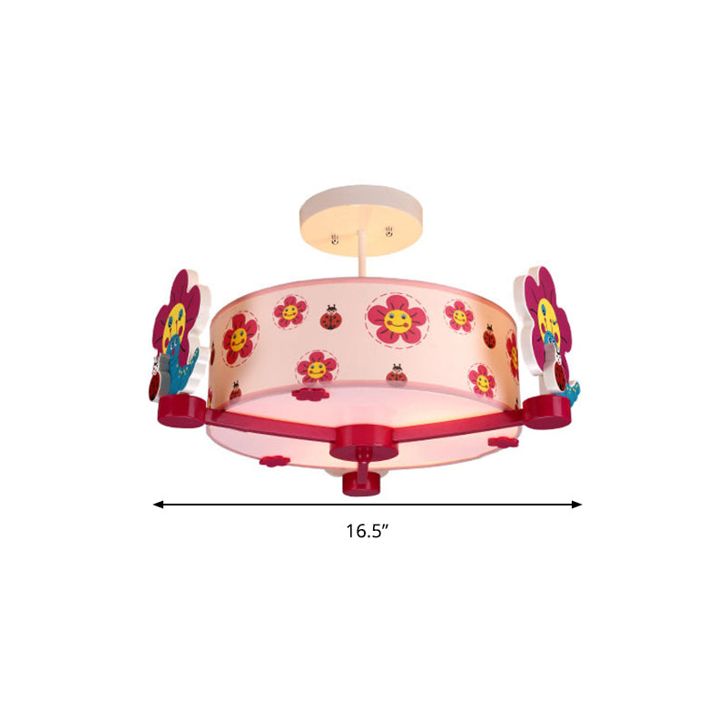 Girls Bedroom Round Flush Ceiling Light Fabric Three Lights Lovely Pink Ceiling Light Clearhalo 'Ceiling Lights' 'Close To Ceiling Lights' 'Close to ceiling' 'Semi-flushmount' Lighting' 195182