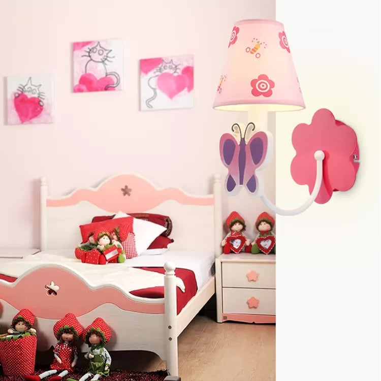 Cute Butterfly Wall Sconce 1 Light Metal Wall Light with Fabric Shade in Pink for Girls Room Pink Clearhalo 'Wall Lamps & Sconces' 'Wall Lights' Lighting' 195209