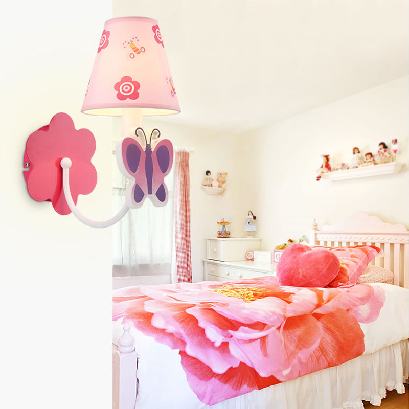 Cute Butterfly Wall Sconce 1 Light Metal Wall Light with Fabric Shade in Pink for Girls Room Clearhalo 'Wall Lamps & Sconces' 'Wall Lights' Lighting' 195210