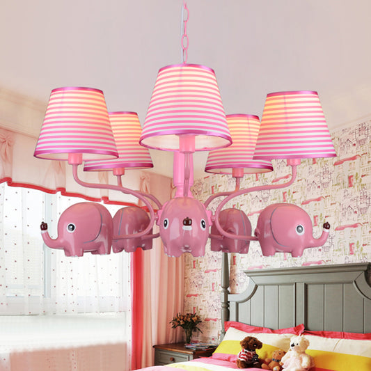 Baby Elephant Ceiling Pendant 5 Heads Animal Resin Chandelier with Stripe Shade for Kindergarten Clearhalo 'Ceiling Lights' 'Chandeliers' Lighting' options 195250