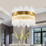 Round Crystal Rod Suspension Lighting Simple LED 25.5"/31.5" W Brass Chandelier Light Fixture with Waterfall Design Brass 25.5" Clearhalo 'Ceiling Lights' 'Chandeliers' 'Modern Chandeliers' 'Modern' Lighting' 1952624