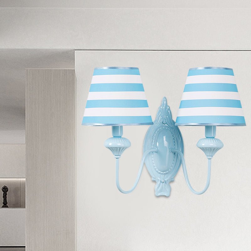 Study Room Tapered Shade Wall Light Fabric & Metal 2 Heads Kids Wall Lamp in Blue Blue A Clearhalo 'Wall Lamps & Sconces' 'Wall Lights' Lighting' 195313