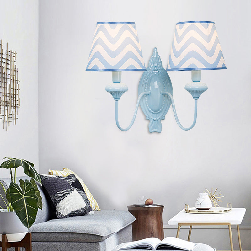 Study Room Tapered Shade Wall Light Fabric & Metal 2 Heads Kids Wall Lamp in Blue Blue B Clearhalo 'Wall Lamps & Sconces' 'Wall Lights' Lighting' 195315