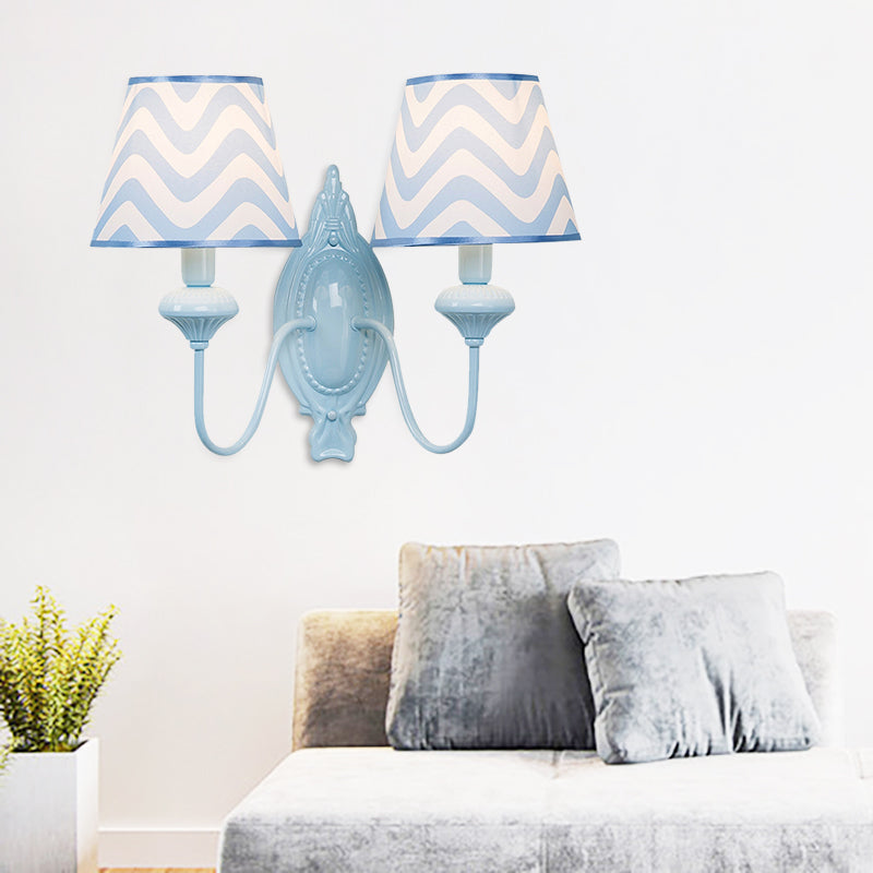 Study Room Tapered Shade Wall Light Fabric & Metal 2 Heads Kids Wall Lamp in Blue Clearhalo 'Wall Lamps & Sconces' 'Wall Lights' Lighting' 195316