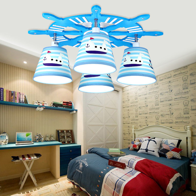 Nautical Style Steamship Semi Flush Ceiling Light Wood 4 Lights Blue Ceiling Lamp for Foyer Blue Clearhalo 'Ceiling Lights' 'Close To Ceiling Lights' 'Close to ceiling' 'Flush mount' Lighting' 195335