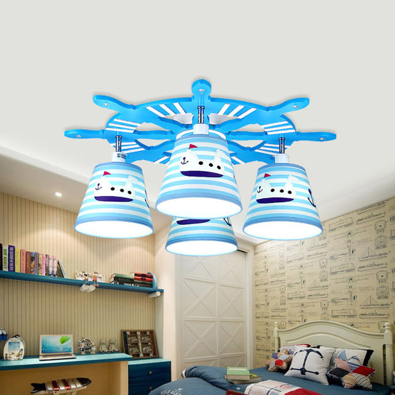 Nautical Style Steamship Semi Flush Ceiling Light Wood 4 Lights Blue Ceiling Lamp for Foyer Clearhalo 'Ceiling Lights' 'Close To Ceiling Lights' 'Close to ceiling' 'Flush mount' Lighting' 195337