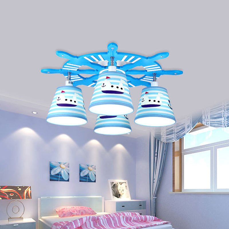 Nautical Style Steamship Semi Flush Ceiling Light Wood 4 Lights Blue Ceiling Lamp for Foyer Clearhalo 'Ceiling Lights' 'Close To Ceiling Lights' 'Close to ceiling' 'Flush mount' Lighting' 195338