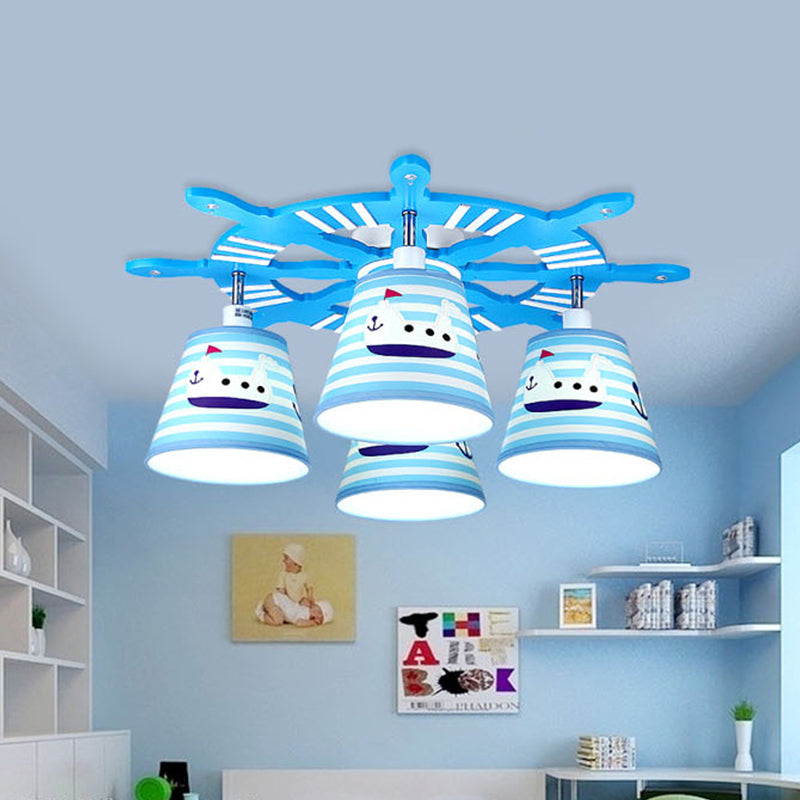 Nautical Style Steamship Semi Flush Ceiling Light Wood 4 Lights Blue Ceiling Lamp for Foyer Clearhalo 'Ceiling Lights' 'Close To Ceiling Lights' 'Close to ceiling' 'Flush mount' Lighting' 195339