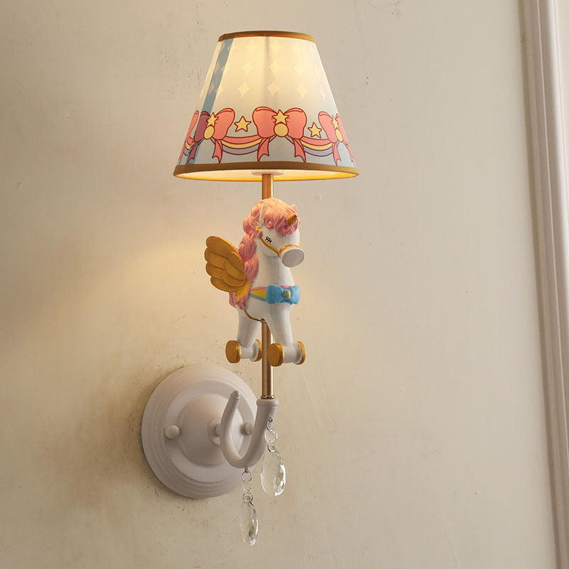 Cartoon Cone Wall Light Fixture with Unicorn Decoration 1 Head Resin Sconce Light in Yellow and Blue/Yellow and Pink/Yellow and Red/Yellow and White for Girls Bedroom Yellow-Pink Clearhalo 'Wall Lamps & Sconces' 'Wall Lights' Lighting' 195344