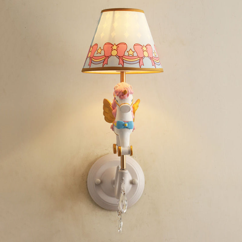 Cartoon Cone Wall Light Fixture with Unicorn Decoration 1 Head Resin Sconce Light in Yellow and Blue/Yellow and Pink/Yellow and Red/Yellow and White for Girls Bedroom Clearhalo 'Wall Lamps & Sconces' 'Wall Lights' Lighting' 195345