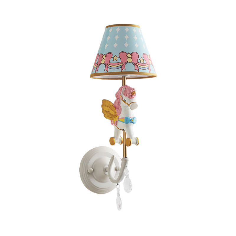 Cartoon Cone Wall Light Fixture with Unicorn Decoration 1 Head Resin Sconce Light in Yellow and Blue/Yellow and Pink/Yellow and Red/Yellow and White for Girls Bedroom Clearhalo 'Wall Lamps & Sconces' 'Wall Lights' Lighting' 195347