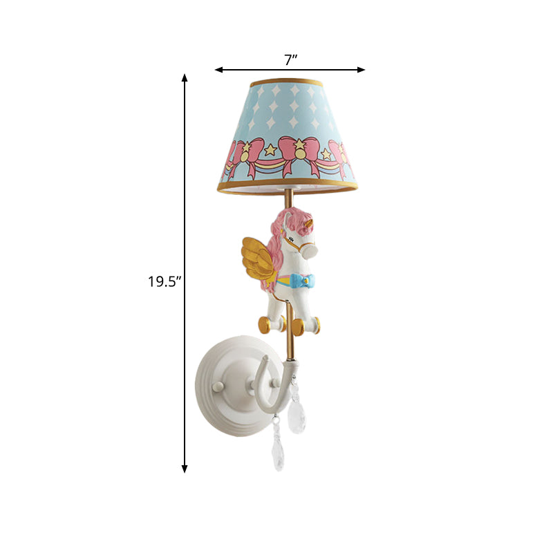 Cartoon Cone Wall Light Fixture with Unicorn Decoration 1 Head Resin Sconce Light in Yellow and Blue/Yellow and Pink/Yellow and Red/Yellow and White for Girls Bedroom Clearhalo 'Wall Lamps & Sconces' 'Wall Lights' Lighting' 195348