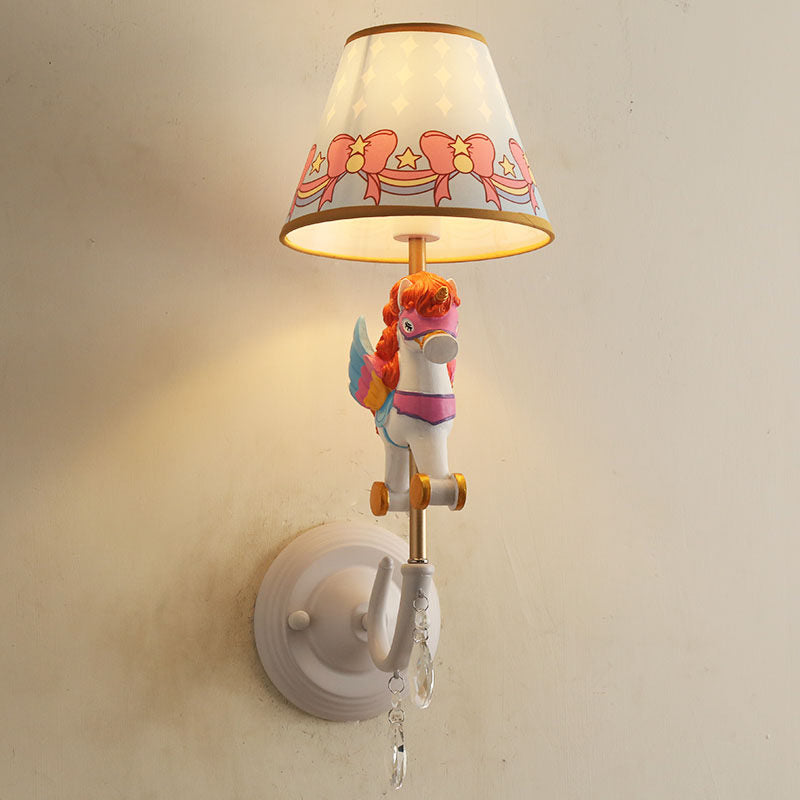 Cartoon Cone Wall Light Fixture with Unicorn Decoration 1 Head Resin Sconce Light in Yellow and Blue/Yellow and Pink/Yellow and Red/Yellow and White for Girls Bedroom Yellow-Red Clearhalo 'Wall Lamps & Sconces' 'Wall Lights' Lighting' 195350