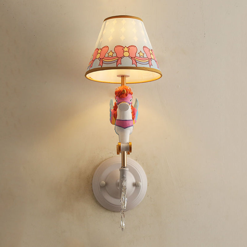 Cartoon Cone Wall Light Fixture with Unicorn Decoration 1 Head Resin Sconce Light in Yellow and Blue/Yellow and Pink/Yellow and Red/Yellow and White for Girls Bedroom Clearhalo 'Wall Lamps & Sconces' 'Wall Lights' Lighting' 195351