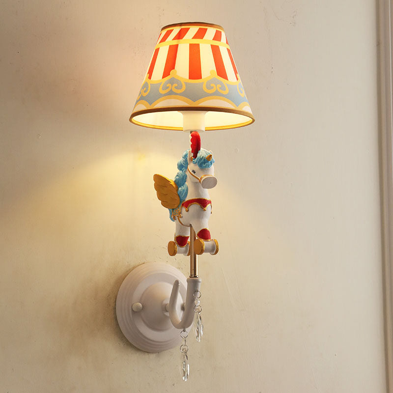 Cartoon Cone Wall Light Fixture with Unicorn Decoration 1 Head Resin Sconce Light in Yellow and Blue/Yellow and Pink/Yellow and Red/Yellow and White for Girls Bedroom Yellow-Blue Clearhalo 'Wall Lamps & Sconces' 'Wall Lights' Lighting' 195359