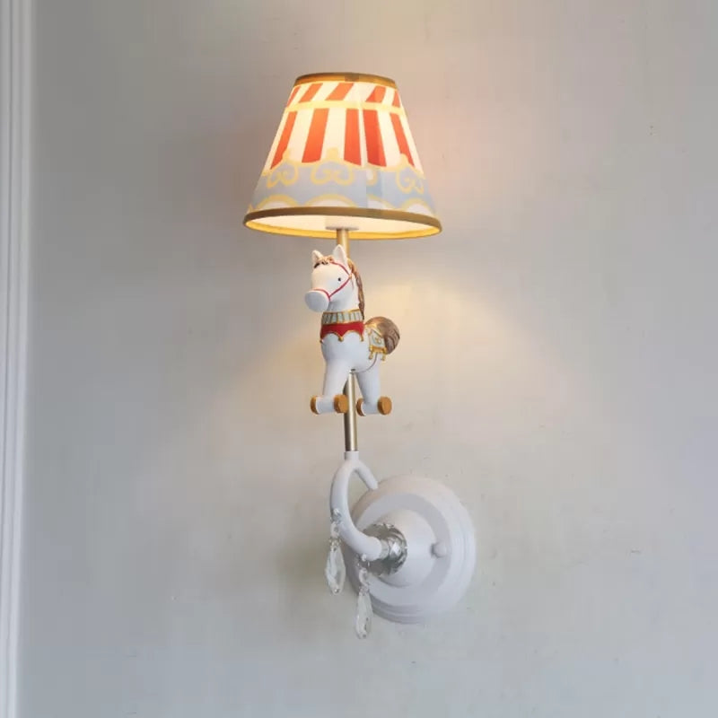 White/Red and Blue Tapered Sconce Light with Elk/Horse/Unicorn Cartoon Resin 1 Bulb Wall Lamp for Children Room Red-Blue Horse Clearhalo 'Wall Lamps & Sconces' 'Wall Lights' Lighting' 195400