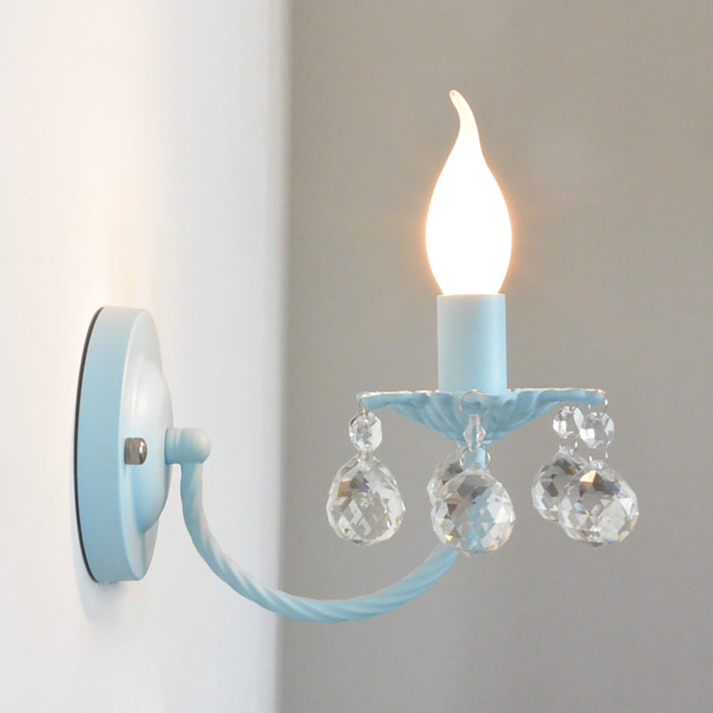 Baby Bedroom Candle Sconce Light with Crystal Ball Metal 1 Bulb Nordic Style Wall Light Blue Clearhalo 'Wall Lamps & Sconces' 'Wall Lights' Lighting' 195410