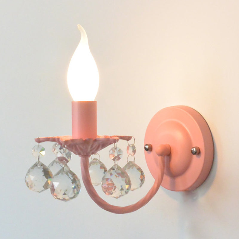 Baby Bedroom Candle Sconce Light with Crystal Ball Metal 1 Bulb Nordic Style Wall Light Pink Clearhalo 'Wall Lamps & Sconces' 'Wall Lights' Lighting' 195414