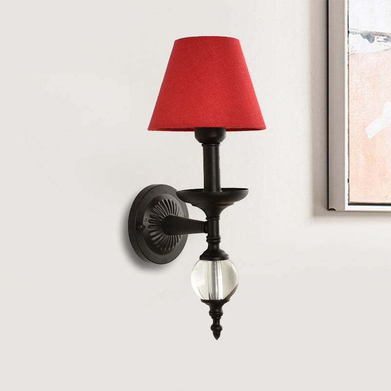 Fabric Bucket Shade Wall Light Corridor Stair One Head Wall Lamp with Black Base & Glass Ball Red E Clearhalo 'Wall Lamps & Sconces' 'Wall Lights' Lighting' 195471