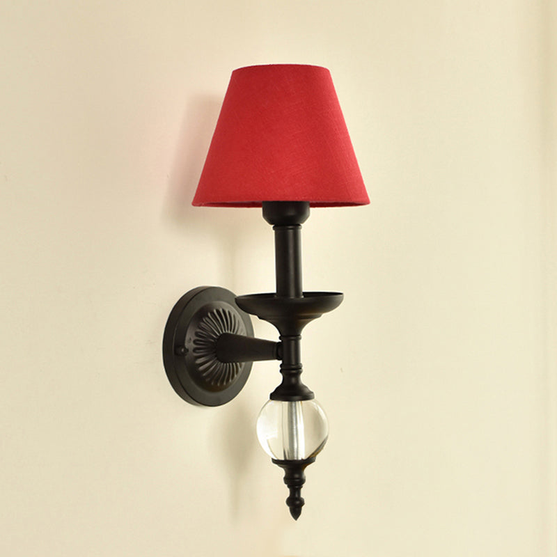 Fabric Bucket Shade Wall Light Corridor Stair One Head Wall Lamp with Black Base & Glass Ball Clearhalo 'Wall Lamps & Sconces' 'Wall Lights' Lighting' 195472