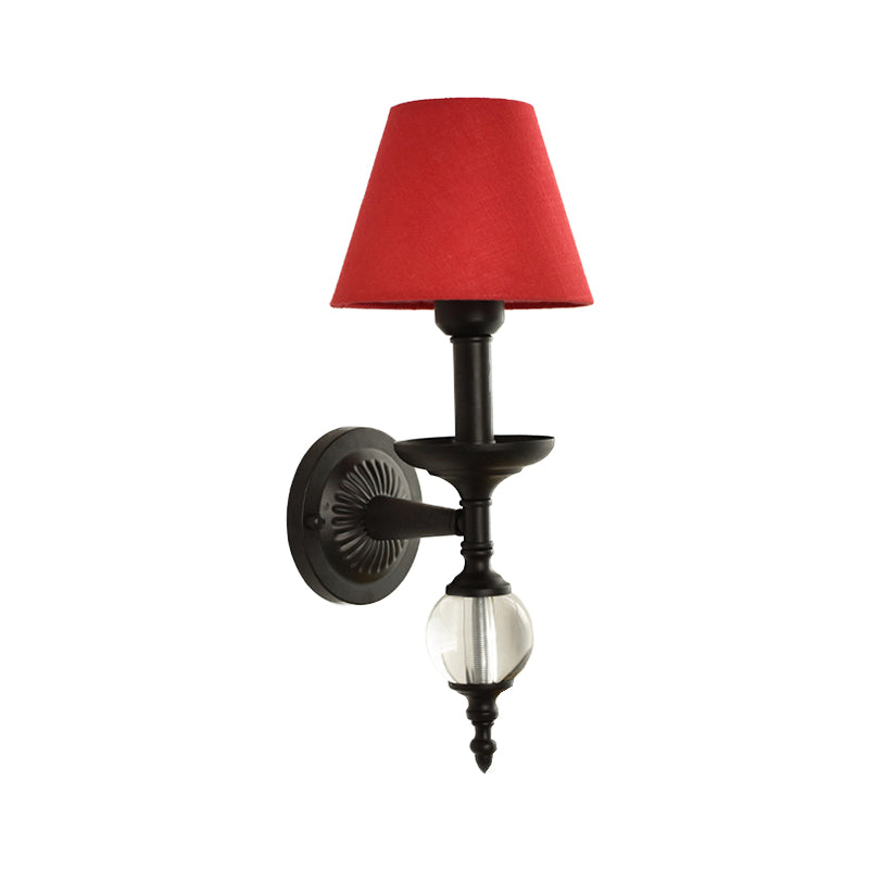 Fabric Bucket Shade Wall Light Corridor Stair One Head Wall Lamp with Black Base & Glass Ball Clearhalo 'Wall Lamps & Sconces' 'Wall Lights' Lighting' 195473