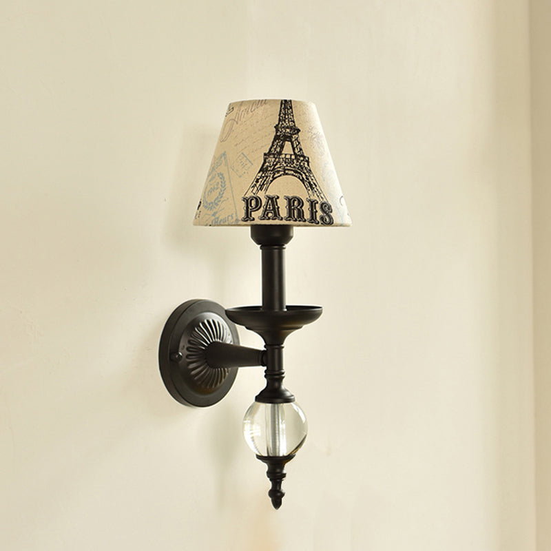 Fabric Bucket Shade Wall Light Corridor Stair One Head Wall Lamp with Black Base & Glass Ball Beige A Clearhalo 'Wall Lamps & Sconces' 'Wall Lights' Lighting' 195474