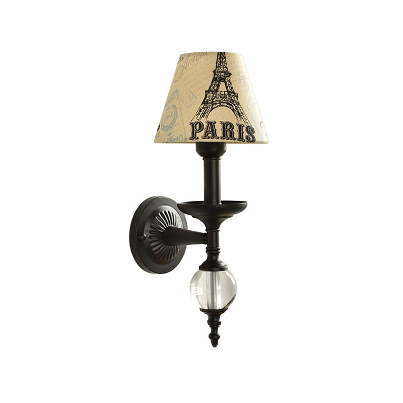 Fabric Bucket Shade Wall Light Corridor Stair One Head Wall Lamp with Black Base & Glass Ball Clearhalo 'Wall Lamps & Sconces' 'Wall Lights' Lighting' 195475