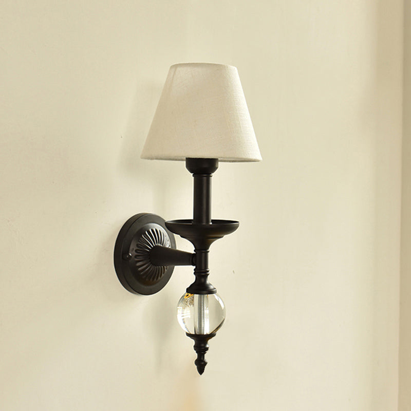 Fabric Bucket Shade Wall Light Corridor Stair One Head Wall Lamp with Black Base & Glass Ball Clearhalo 'Wall Lamps & Sconces' 'Wall Lights' Lighting' 195477