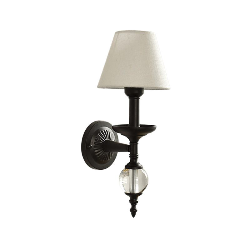 Fabric Bucket Shade Wall Light Corridor Stair One Head Wall Lamp with Black Base & Glass Ball Clearhalo 'Wall Lamps & Sconces' 'Wall Lights' Lighting' 195478