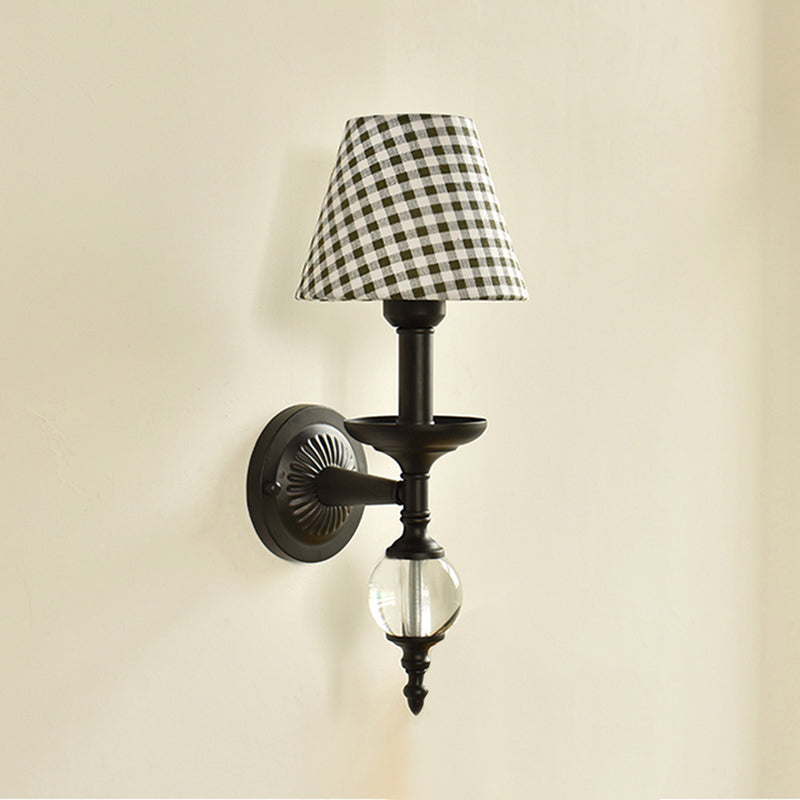 Fabric Bucket Shade Wall Light Corridor Stair One Head Wall Lamp with Black Base & Glass Ball Black-White C Clearhalo 'Wall Lamps & Sconces' 'Wall Lights' Lighting' 195480