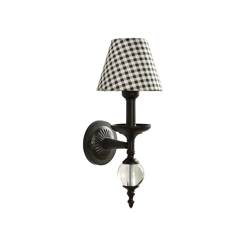 Fabric Bucket Shade Wall Light Corridor Stair One Head Wall Lamp with Black Base & Glass Ball Clearhalo 'Wall Lamps & Sconces' 'Wall Lights' Lighting' 195481