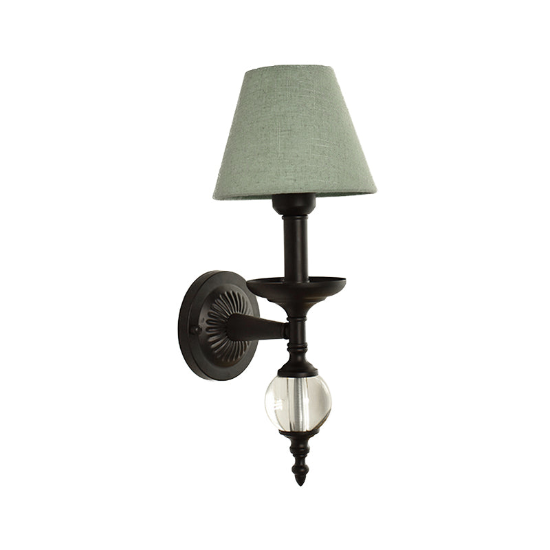 Fabric Bucket Shade Wall Light Corridor Stair One Head Wall Lamp with Black Base & Glass Ball Clearhalo 'Wall Lamps & Sconces' 'Wall Lights' Lighting' 195483