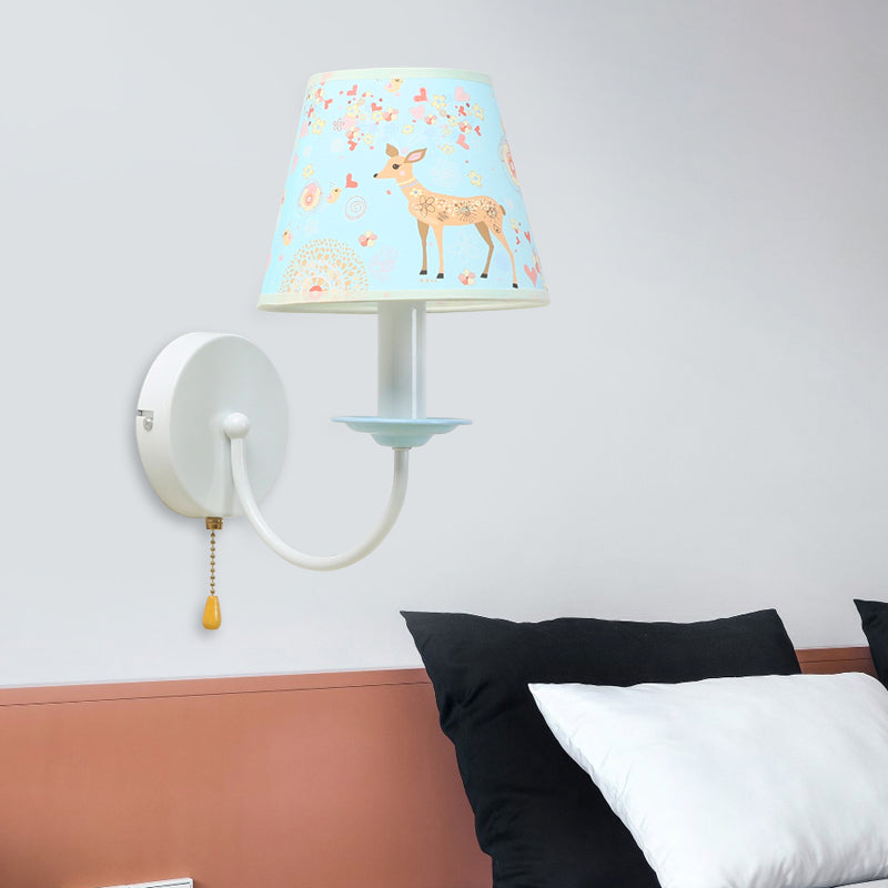 Animal Sika Deer Wall Light with Pull Chain Fabric 1 Light Blue Wall Sconce for Girls Bedroom Blue Clearhalo 'Wall Lamps & Sconces' 'Wall Lights' Lighting' 195523