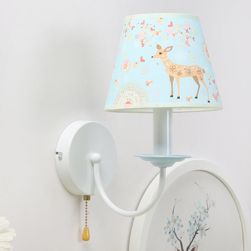 Animal Sika Deer Wall Light with Pull Chain Fabric 1 Light Blue Wall Sconce for Girls Bedroom Clearhalo 'Wall Lamps & Sconces' 'Wall Lights' Lighting' 195524