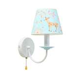 Animal Sika Deer Wall Light with Pull Chain Fabric 1 Light Blue Wall Sconce for Girls Bedroom Clearhalo 'Wall Lamps & Sconces' 'Wall Lights' Lighting' 195525