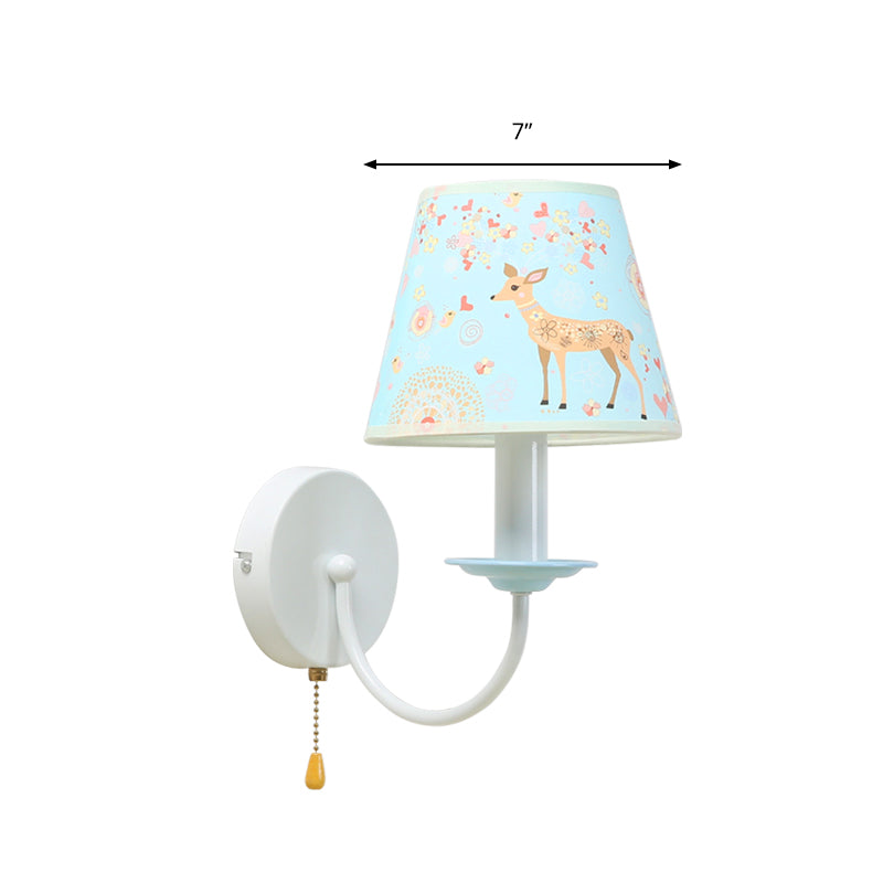 Animal Sika Deer Wall Light with Pull Chain Fabric 1 Light Blue Wall Sconce for Girls Bedroom Clearhalo 'Wall Lamps & Sconces' 'Wall Lights' Lighting' 195526