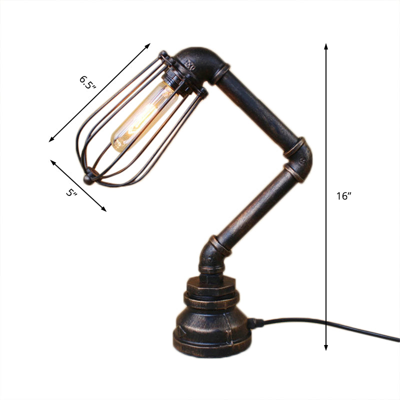 1 Head Table Lamp Industrial Style Bulb Cage Shade Metal Table Lighting with Water Pipe in Aged Bronze Clearhalo 'Lamps' 'Table Lamps' Lighting' 195537