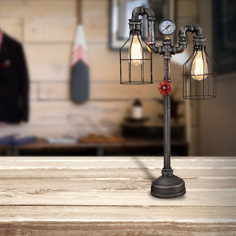 Industrial Wire Guard Table Light with Gauge and Valve 2 Lights Wrought Iron Standing Table Light in Silver Clearhalo 'Lamps' 'Table Lamps' Lighting' 195538